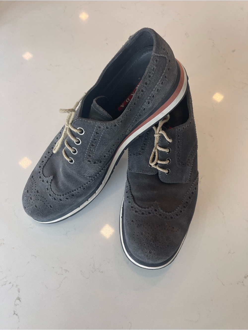 Prada Sport Gray Suede Brogue Derby Sneakers